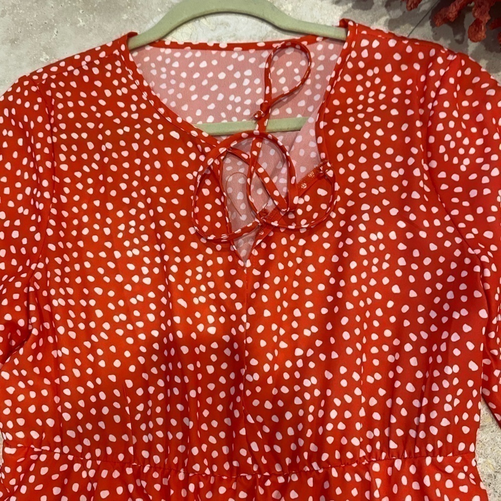 NWOT Long Sleeve Orange Ruffle dress w/white polkadots & elastic sleeves/waist M - Picture 2 of 7